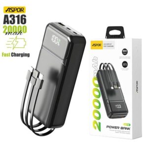 Aspor A316 20000mah 22.5w High Speed Built In Cable Fast Charging Power Bank Black - Image 4